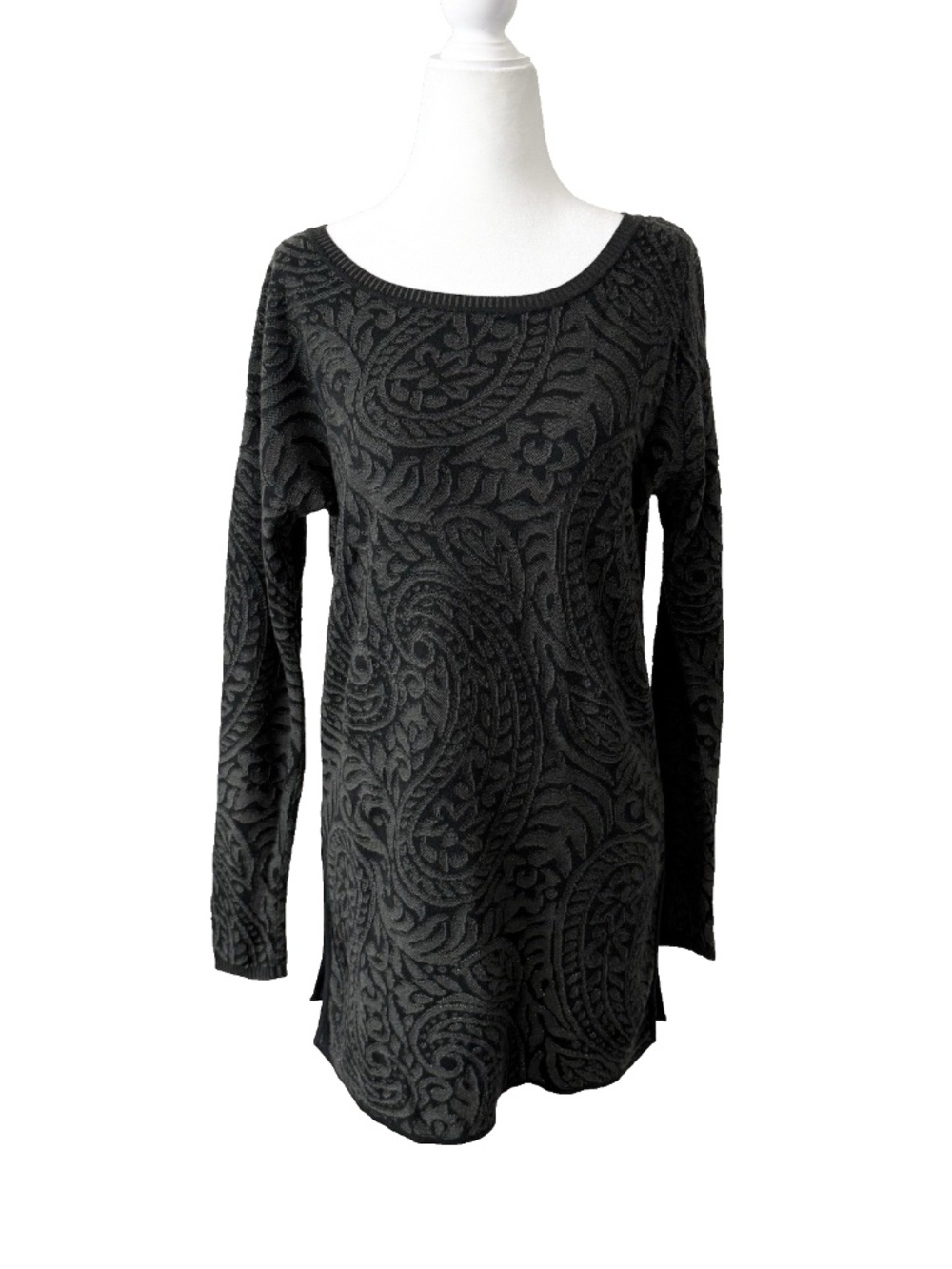 Peruvian Connection Tunic Sweater XS Black Olive Paisley Pima Cotton Long Sleeve